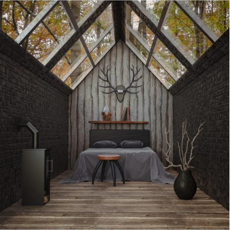 Idea for a mens bedroom featuring a glass-ceiling room in the middle of a forest with antlers hanging from the wall above the bed