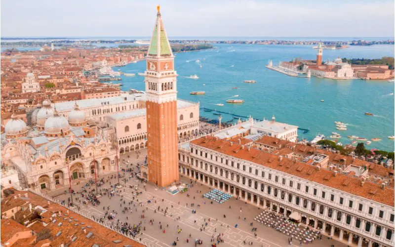Aerial view of St. Mark's Square in Venice for a roundup on famous buildings