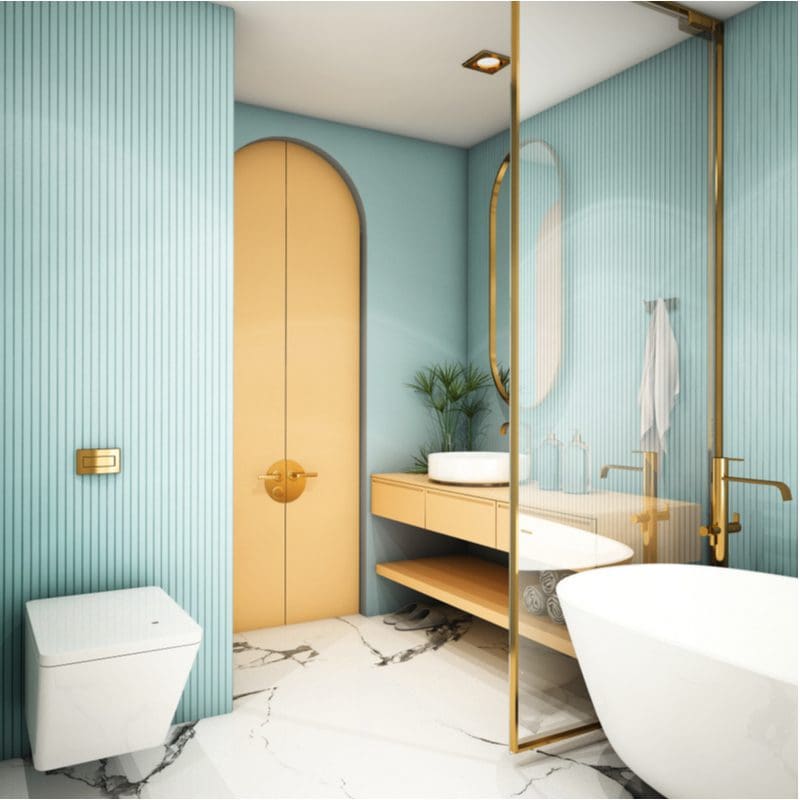 Modern White and Gold bathroom idea with teal walls and a 70s chic vibe