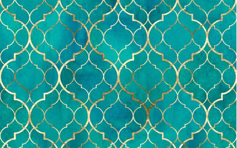 Teal and gold polygon bedroom wallpaper idea