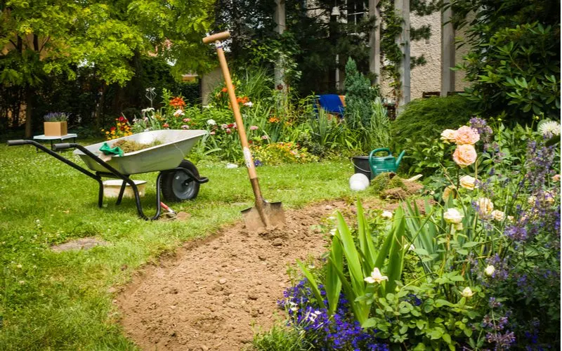 Image for a roundup of flower bed ideas featuring a shovel and wheelbarrow next to a flower bed