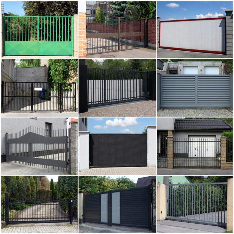 A bunch of different driveway gate ideas put into a square photo collage