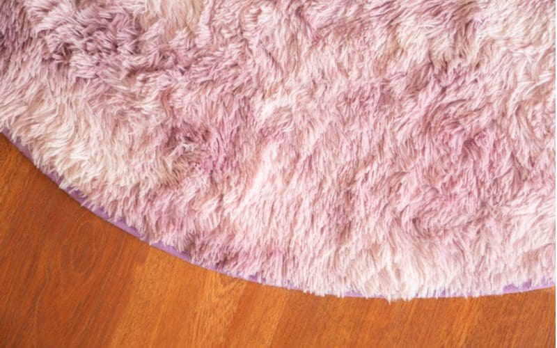 Pink fluffy area rug on a hardwood floor for a piece on dorm room ideas