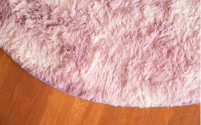 Pink fluffy area rug on a hardwood floor for a piece on dorm room ideas