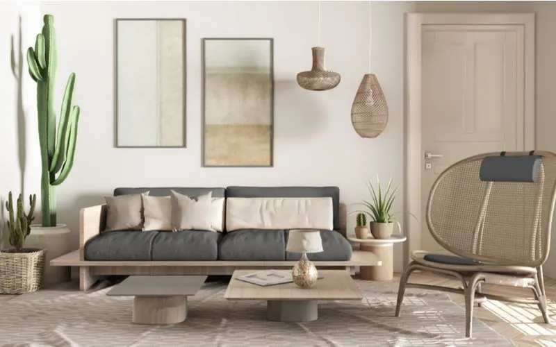 Grey Herringbone Wood Flooring found in a modern boho living room