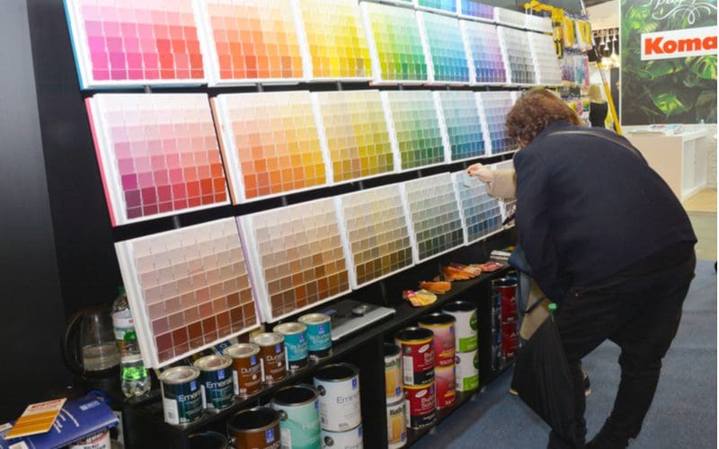To accompany an article titled How Much Does Paint Cost, a guy looking at a display board with samples of paint in a big box retailer