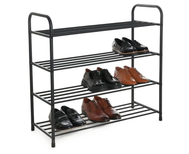 Metal Shoe Shelving Unit in a lightbox-style photo for a piece on entryway shoe storage ideas