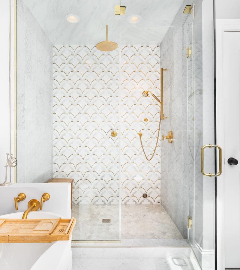 White bathroom idea with Gold Mosaic Marble Tiles