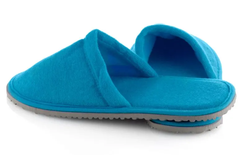 Teal slippers with grey hard soles for a piece on teal bedroom ideas