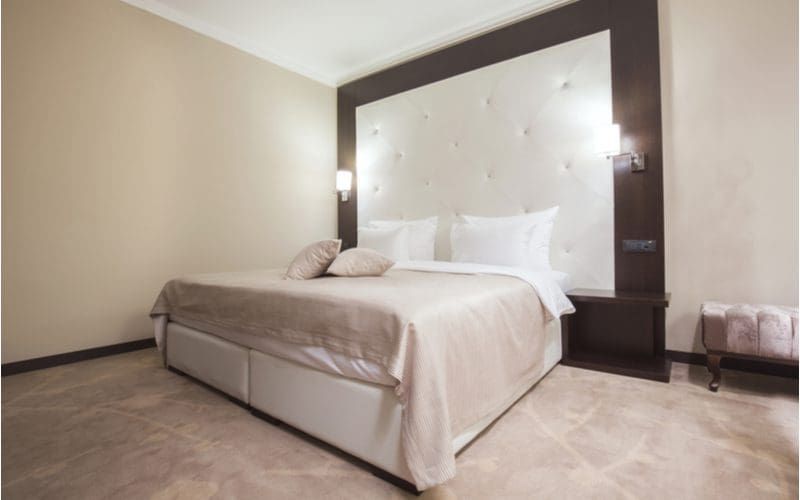Minimalist aesthetic bedroom idea with a dark wood accent wall as the headboard framing a white leather headboard with beige walls and beige carpet