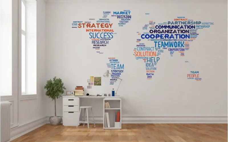 Business-inspired wall decals (a great and cheap way to cover walls) on an otherwise plan white wall in a plain white room