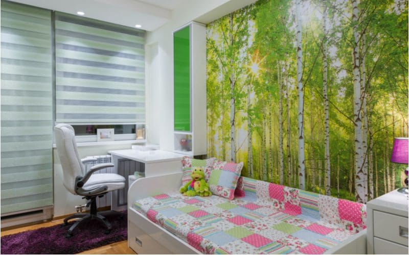 Nature themed bedroom aesthetic idea with floral paints alongside slatted roller blinds