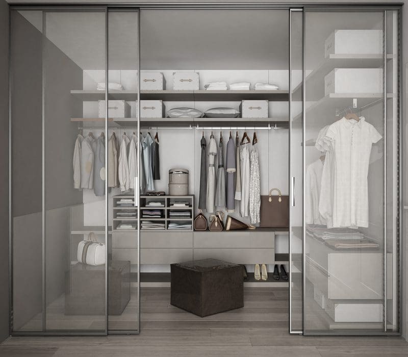Rendering of a modern sliding glass closet doo idea in a modern steel-looking grey bedroom