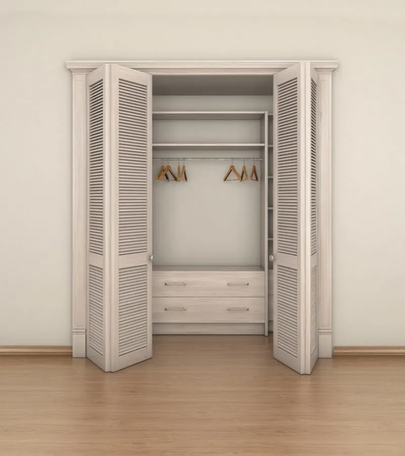 Bi-Folding Wooden Doors With Louvers pictured as an example of unique closet door ideas