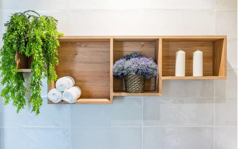 Bathroom shelf idea with three cubes getting increasingly smaller in size from left to right next to a floating ivy plant mounted to 12x12 ceramic wall tile