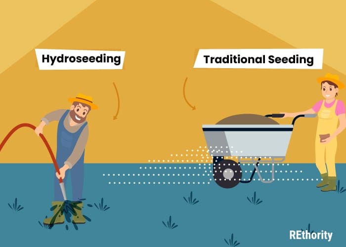 Graphic showing a side by side comparison of traditional seeding and spray on grass seed application