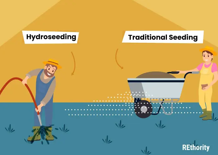 Graphic showing a side by side comparison of traditional seeding and spray on grass seed application