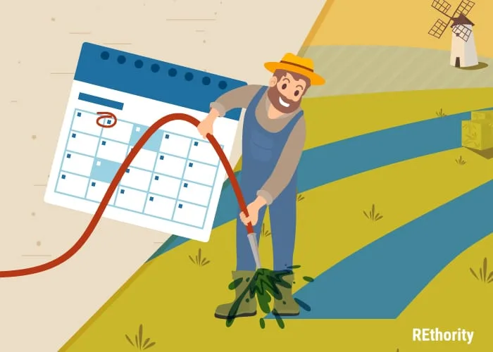Guy watering his spray on grass seed regularly, as illustrated by a calendar in a graphic