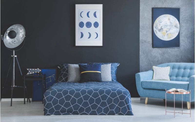 Shades of Blue with moon and space themed décor in a teen boy's room