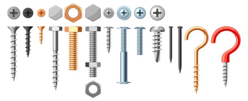 Image for a piece on types of screws featuring various nuts and bolts in various different styles and colors