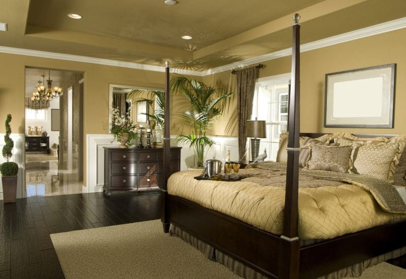 Master bedroom decor idea in dark and rich mahogany