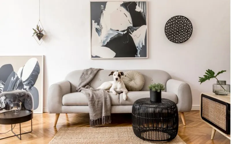 Idea for a modern cozy living room using modern art and photos with wicker-style baskets and retro furniture with herringbone hardwood floors and a tan '50s style couch