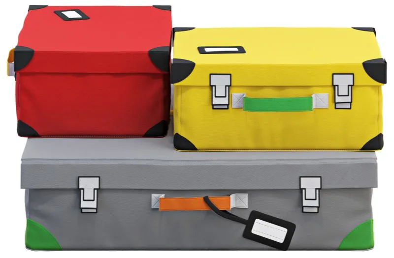 Fun Boxes in yellow, gray, and red for a piece on living room toy storage ideas