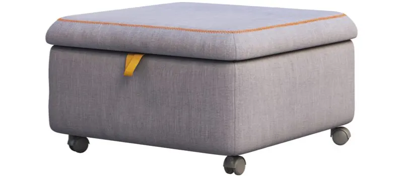 ottoman living room toy storage idea featuring a gray ottoman that opens on the top