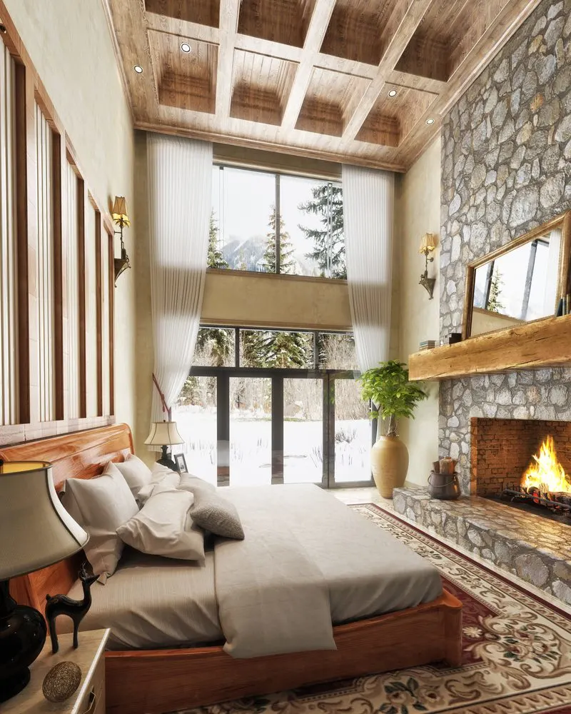Interior cabin idea with a stone façade on the mantle of a fireplace 