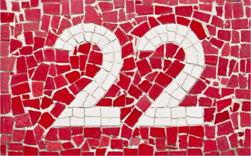 Mosaic House Number Ideas featuring 22 spelled out in white and red tiles