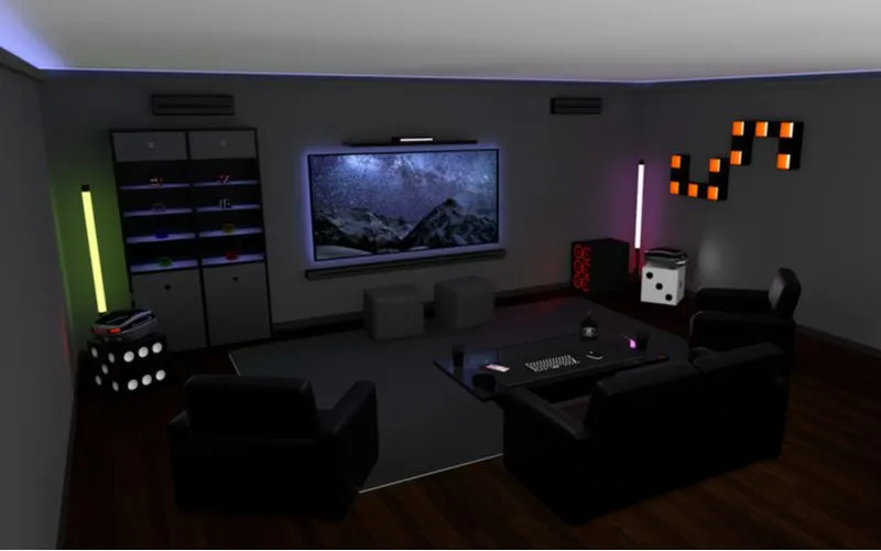 Gaming setup idea featuring lighting sticks and blocks on the wall in an otherwise dull and dimly-lit room with a backlit TV and grey walls