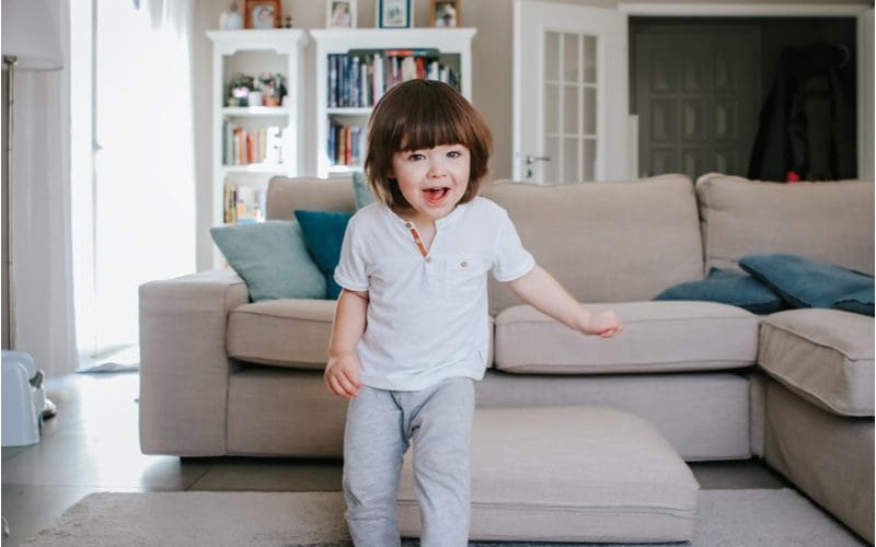 Comfort transitional style home with a grey couch and grey rug on which a little girl with a bowl cut is standing