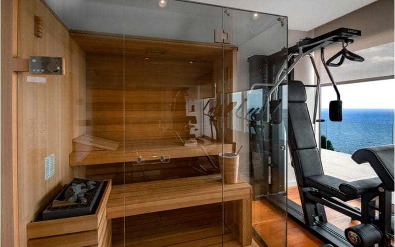 Small home gym overlooking an ocean with a sauna with glass walls next to an outdoor eliptical