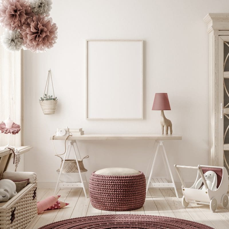 Idea for a piece titled cute rooms for girls featuring a light-colored room with wood floors, off-white walls and furniture, and boho-style weaved baskets and toy storage