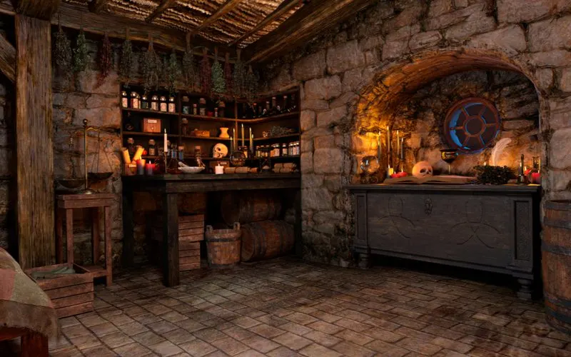 3d rendering of a witch's cottage interior