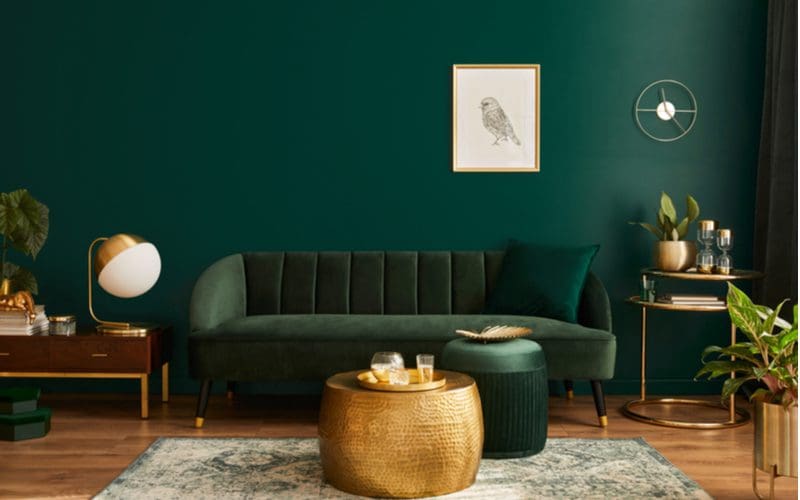 Modern cozy living room with a dark green wall and Bronze or Gold Accents for a Touch of Class
