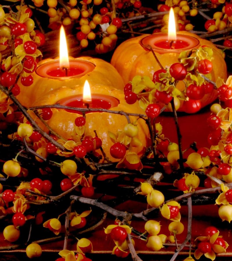 Pumpkin Candle Holders with cranberry vines around them