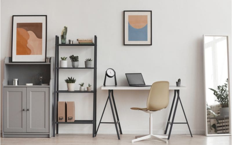 Office wall decor idea featuring framed prints in a modernist aesthetic