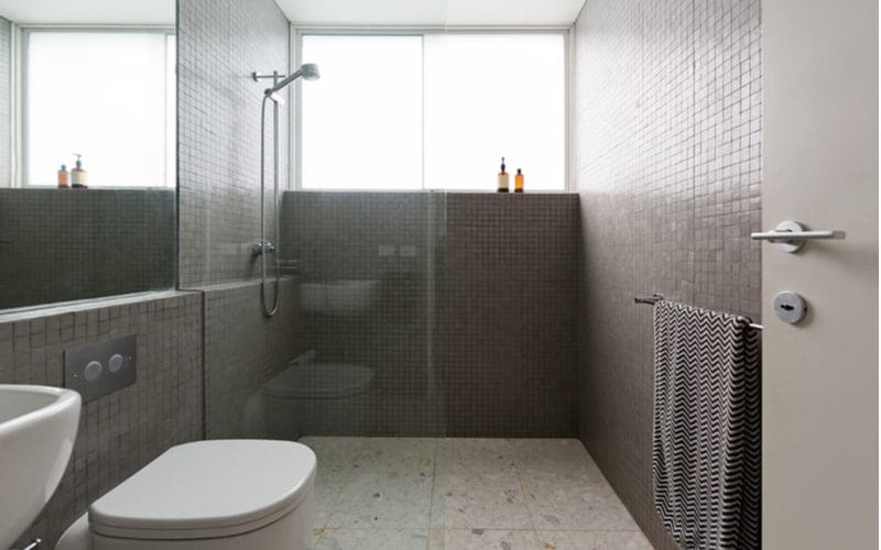Modern doorless walk in shower idea with a glass door and small grey square mosaic tiles