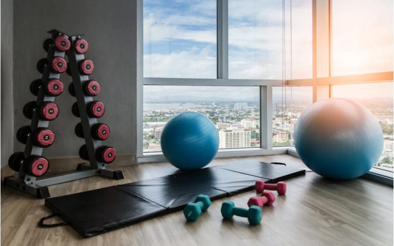 Small home gym idea in the corner of a room with a triangular dumbell rack with medicine balls and a yoga mat overlooking a cityscape