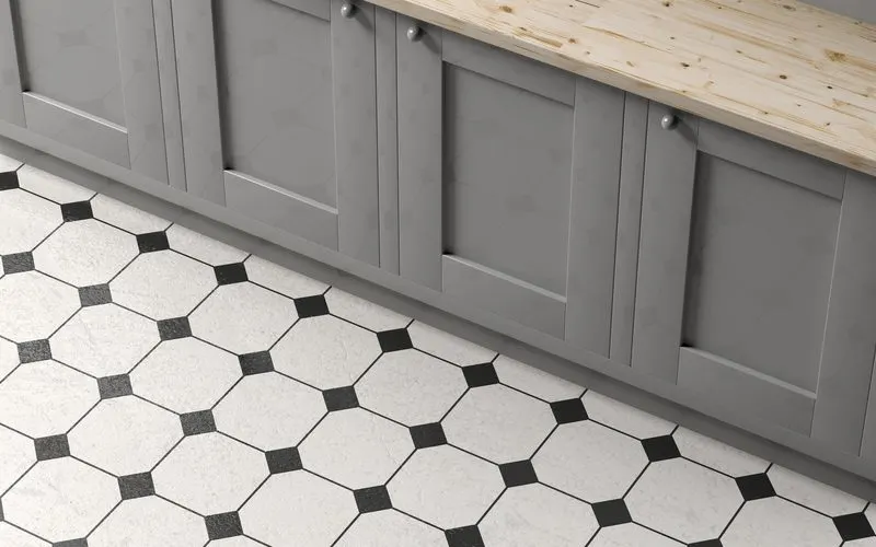 Black and White Pattern dark kitchen flooring idea