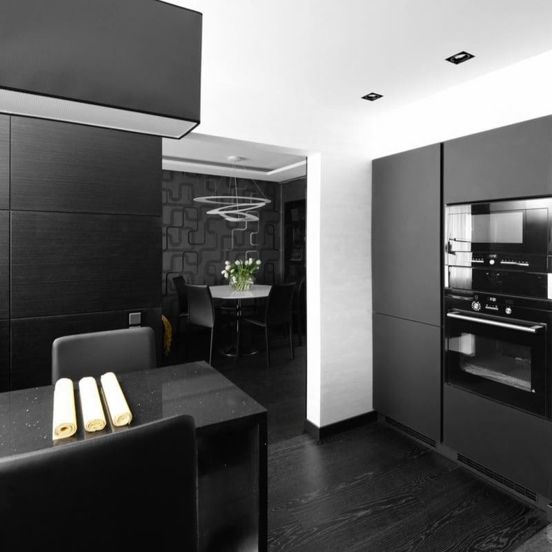 Dark black wood kitchen flooring idea