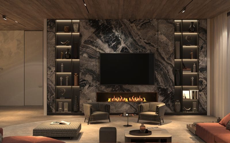 Statement wall living room with fireplace and tv idea