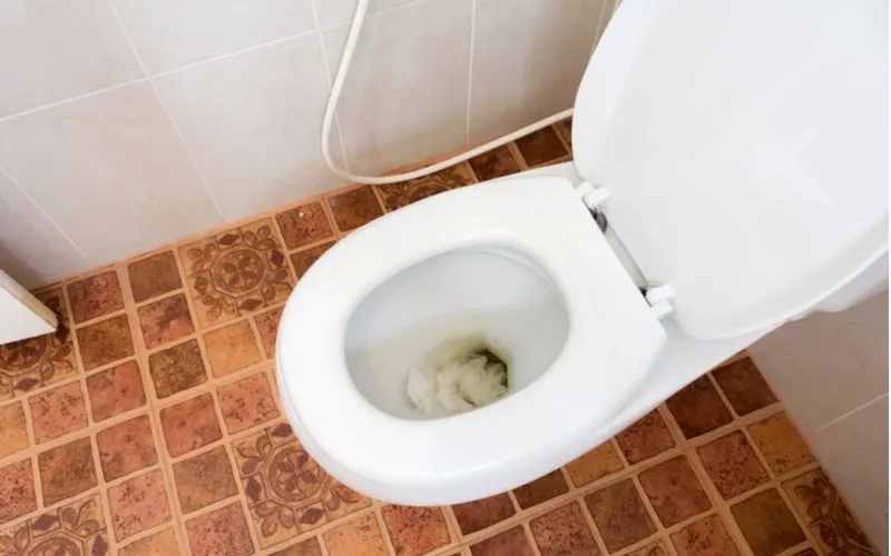 Guy unclogging a toilet with poop and pee in it in a tile bathroom