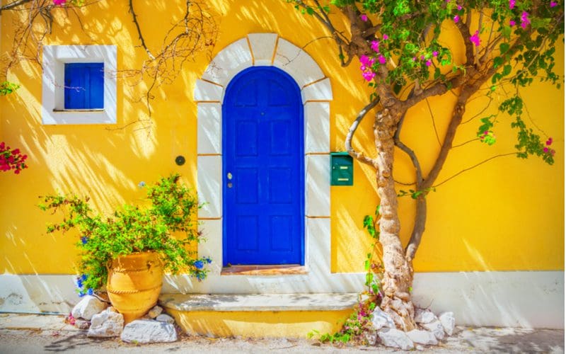 Cerulean Blue, a great front door color for a yellow house