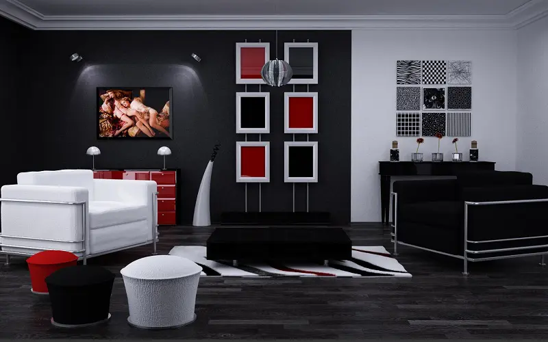 Maroon details withblack wall and furniture living room