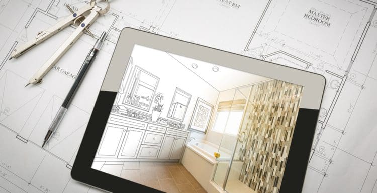 Master bathroom layout on an ipad and blueprints