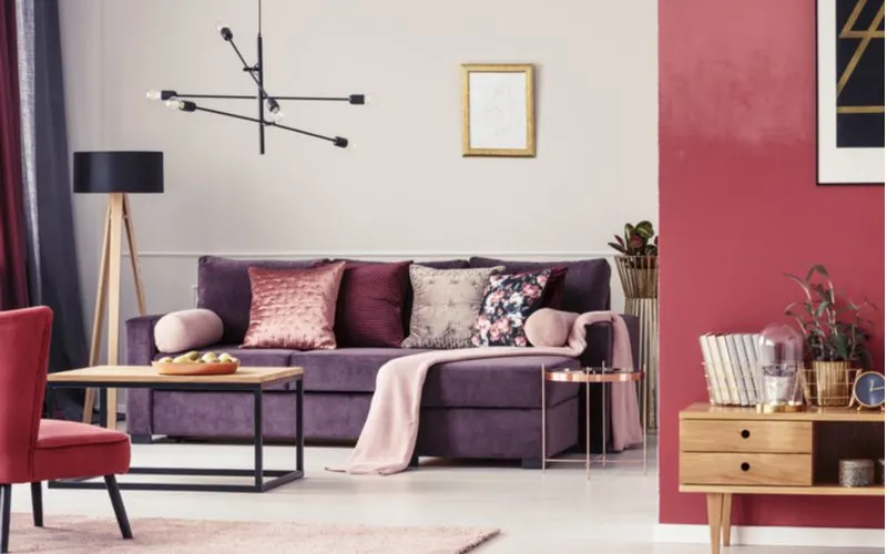 Image of colors that go with maroon with a maroon wall and couch
