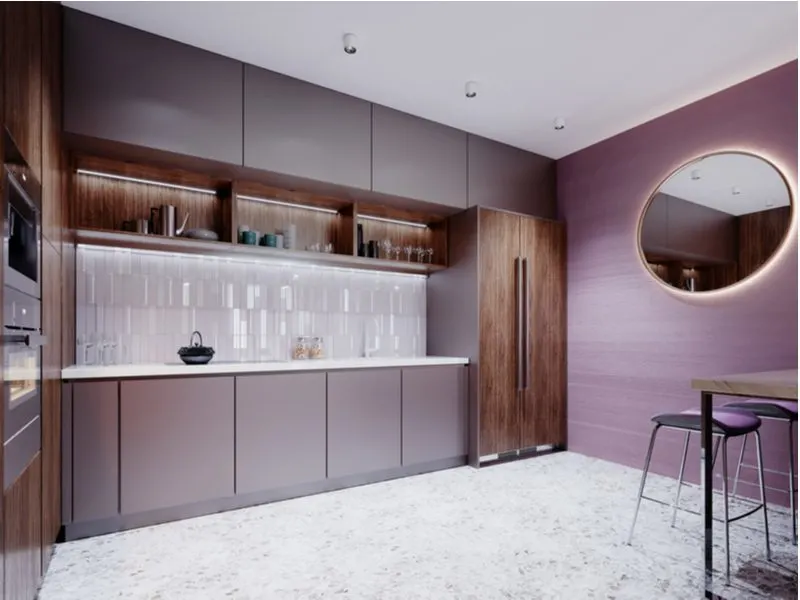 Idea for a purple and white room with a Mauve and White Kitchen With Brown Accents pictured