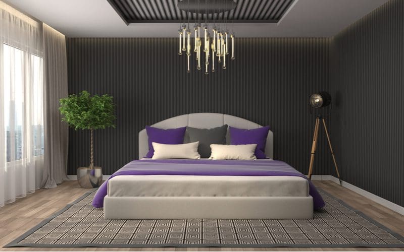 Purple and White Bedroom With Dark Walls 